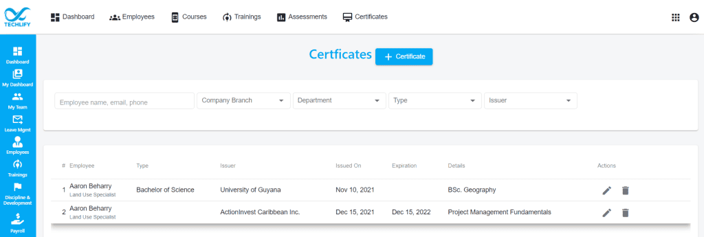 Certificate / learning management