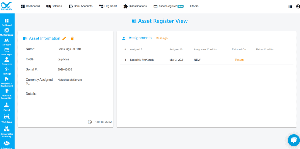 asset register view